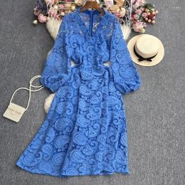 Casual Dresses Vintage Dress Women Lace Hollow Out Puff Sleeve Floral Print Vestidos Femenino Womens V-Neck French Style Dropship