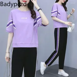 Running Sets Badypczd Woman Sports Suits O-neck Striped Short Sleeve Tops Loose Wide Leg Joggers Pants Korean Two Piece Female Outfits