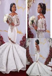 Shinny Crystal African Off Shoulder Mermaid Wedding Dresses Luxury Long Sleeves Open Back Sheer Lace Bridal Gown Plus Size Custom 4332485