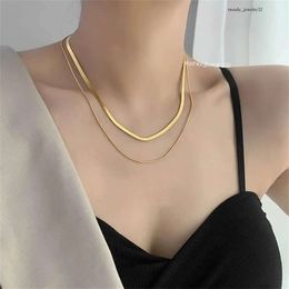 Punk Double Layered Necklace for Women 14k Yellow Gold Flat Snake Bone Chain Choker Female Jewelry Christmas Gift