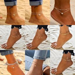 Anklets VAGZEB Gold Silver Colour Female Anklet Bohemian Layered Heart For Women Summer Beach On Foot Ankle Jewellery