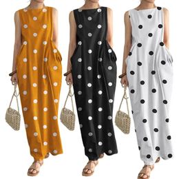 Loose Maxi Dress Summer with Dot Print O Neck Big Pockets for Women Soft Ankle Length Beach 240325