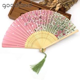 Decorative Figurines 1pcs Arrival High Quality Charming Floral Print Pocket Fan Bamboo Silk Hand Xmas Christmas Gift Kraft