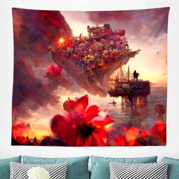 Tapestries Trippy Flowers Ship Tapestry Aesthetic Sun Sea Colorful Fantasy Wall Hanging For Bedroom Home Yoga Room