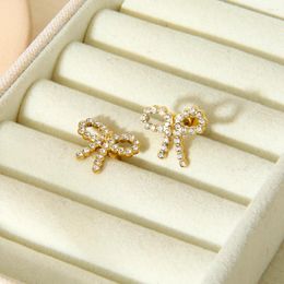 Brincos Danity Aço Inoxidável À Prova D 'Água 18 K Banhado A Ouro Metal Strass Pavimentado Bowknot Studs Para Mulheres Menina Partido Presente