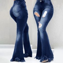 Full Length Denim Women Flared Pants High Waist Pockets Ripped Holes Bell Bottom Trousers Tassel Cuffs Denim Pants Women Jeans