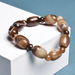 Natural Stone Coffee Lace Agates Bracelet Cylinder Drum Barrel Shape Jades Beads Bracelets On Hand Brown Exquisite Bangles Gift