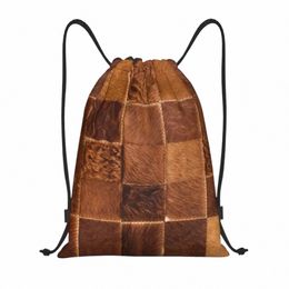 brown Chequered Cowhide Patche Drawstring Bags Women Foldable Sports Gym Sackpack Animal Fur Leather Texture Shop Backpacks m8BT#