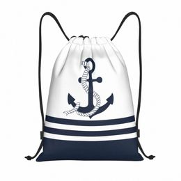 custom Nautical Blue Anchors With Blue And White Stripes Drawstring Bags Lightweight Sailing Sailor Sports Gym Storage Backpack k74y#