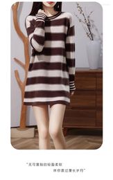 Casual Dresses Stripe Contrast Colour Reduced Age Women's Round Neck Pure Wool Bottom Sweater Fit Slim Mid Length Knitted Dress