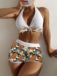 6 Colors Halter Bikini Set 2023 Women Sexy Floral Print High Waisted Swimwear With Boxer Shorts Hot Selling Beach Bathing Suit