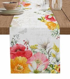 Table Cloth Spring Tulip Flowers Leaves Linen Runners Dresser Scarf Kitchen Dining Decor Home Holiday Wedding Party Decorations