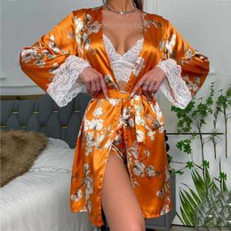 Womens Sleepwear Women Lace Silk Satin Patchwork Sexy Nightgowns Long Sleeve V Neck Up Kimono Pajamas With Belt Flower Print Robes