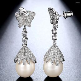 Stud Earrings Trendy Jewelry Brand Women's Pearl Butterfly Earring Accessory Europe Design Pave Zircon Copper Free Couple Gifts