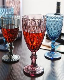 10oz Wine Glasses Coloured Glass Goblet with Stem 300ml Vintage Pattern Embossed Romantic Drinkware for Party Wedding fast4728392