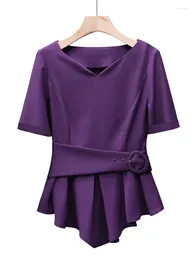 Women's Blouses Waist Band Shirts Women Elegant Purple Lace Up Tops