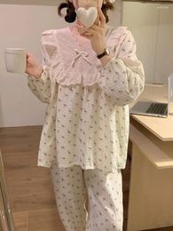 Home Clothing Lace Korean Sweet Bow Tie Loose Splicing Spring Long Sleeve Pyjama Set Women Floral Flowers Kawaii Casual NightDress