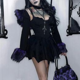 Goth Dark Bat Mesh Hem Mall Gothic Mini Dresses Y2k Faux Fur Neck Crop Shrug Tops Women Grunge Punk Sexy Alternative Party Dress