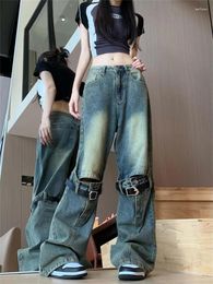 Women's Jeans Harajuku Streetwear Belts Decorate Ripped Denim Trousers Loose Wide Leg Straight Pants Y2K Baggy