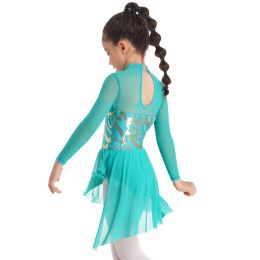 Kids Lyrical Modern Dance Costume Girls Hollow Back Shiny Sequins Decorated Irregular Hem Slit Dance Dress