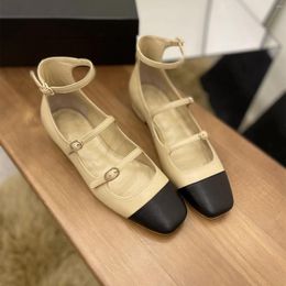 Casual Shoes Spring Autumn Women Fashion Genuine Leather Sandals Low Heels Mary Janes Square Toe Flats Runway Outfit Loafers 41