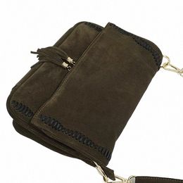 female Fi Suede Genuine Leather Nubuck Loop Fringed Side Shoulder Bag Leisure Za Designer Medium Size Daily Stylish Bag K0yH#