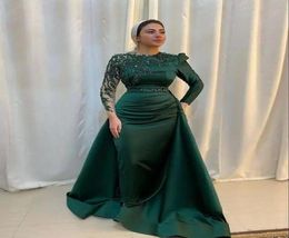 Hunter Green Muslim Evening Dresses with Detachabel Train Real Long Sleeve Aso Ebi African Party Dress Beaded Stain Kaftan Prom Go8274167