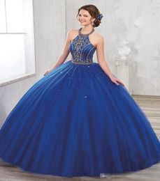 Golden Beaded Navy Ball Gown Quinceanera Dresses Halter Laceup Puffy Skirt Prom Dress For Sweet 16 Years Evening Gowns5766383