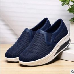 Casual Shoes Women Mesh Breathable And Comfortable Loafers With Sloping Heels Round Toe Versatile Rocking