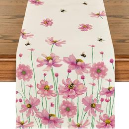 Table Cloth Flowers Daisy Bees Pattern Linen Runners Hello Spring Theme Runner Seasonal Kitchen Dining Wedding Party Decor