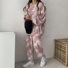 Women's Two Piece Pants Tie-dye Print Design Sportwear Tie Dye Casual Set With O-neck Long Sleeve Pullover Tops Loose Fit