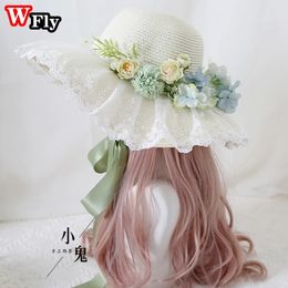 Harajuku Women Girls Summer Wide eaves Straw Hats Beach Sun Hat Sweet Lolita Lace Flower ladies sunhat Handmade 240320