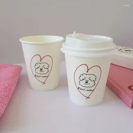 Disposable Cups Straws Kawaii Korean Paper Cup For Coffee 250ml 20/50pcs White Water Bubble Milk Tea With Lid Home Wedding Party