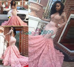 Luxury African Prom Dresses for Black Girl Pink Lace Crystal Engagement Evening Dress Long sleeve Sexy Sheer Custom Made robe de S7052044