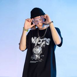 China-chic Brand Mens Summer Cotton T-shirt Loose Cartoon Graffiti Abstract Print Short Sleeve Men