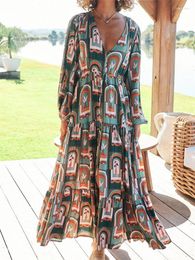 Casual Dresses Spring Fall Women Loose Long Dress Sleeve V Neck Tie-Up Pleated Bohemian Fashion Beach Holiday Vintage