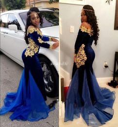 2K16 Long Sleeve Prom Dresses Royal Blue Mermaid Velvet with Gold Lace Applique Train 2017 Plus Size Pageant Evening Gowns for Par7121227