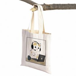 fi Supermarket Shopper Bag Kawaii Funny Cat Hamster Women Tote Handbag Animal Print Canvas Cloth Lady Shop Bags G54F#