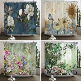 Shower Curtains Retro Flowers Printing Curtain Leaves Plant Polyester Waterproof Bathroom Home Decoration With 12 Hooks