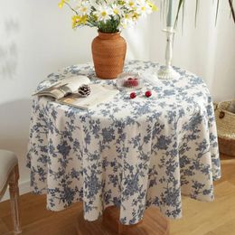 Table Cloth Cotton And Linen Round Tablecloth Vintage Blue Floral Printed Christmas Decoration Dining For Home Garden Tea
