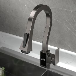 Copper Kitchen Faucet Dish Basin Bowl Pool Anti-splash Pull Type Hot and Cold Rotating Temperature Digital Display Sink Faucet