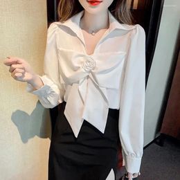 Women's Blouses Korean Fashion Knot Blouse Bubble Sleeve Shirt Clothing Black 2024 Ladies Tops Elegant Bow White Blusas De Mujer