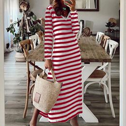 Casual Dresses Women's Summer Stripe Maxi Dress Ladies V Neck Long Sleeve Split Hem Female Beach A-Line Vestidos