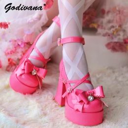 Lolita Ladies Shoes Japanese Cute Round Toe High Heel Spring Summer Girls Bowknot Leather Heel Shoes Pumps Female