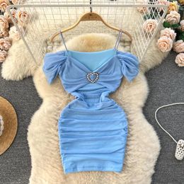 Casual Dresses Foamlina Nightclub Women's Clothing Off The Shoulder Camisole Dress Short Pleats Slim Fit Mini Sexy Buttocks Girl's