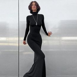 Casual Dresses Women Long Sleeve Turtleneck Slim Maxi Dress Solid Bodycon Fashion High Street Y2k Clothes Fall Spring Robe