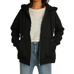 Women's Hoodies Women Loose Style Coat Solid Colour Zipper Open Front Hooded Jacket With Pockets Black/ Brown/ Grey