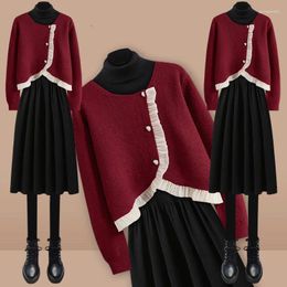 Work Dresses Spring Autumn Fashion Outfits Little Fragrant Red Knitted Cardigan Sweater Women's High Neck Slim Dress Two Piece Set