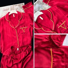 Women's Sleepwear 2024 Spring Sleep Set Long Sleeve Home Clothes Women Satin Pyjamas Suit Lovers Nightwear Luxury Animal Year Red