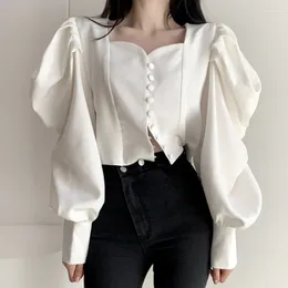 Women's Blouses Clothland Women Elegant White Black Crop Top Puff Sleeve V Neck Shirt Female Casual Chic Short Style Tops Blusa Mujer LB085